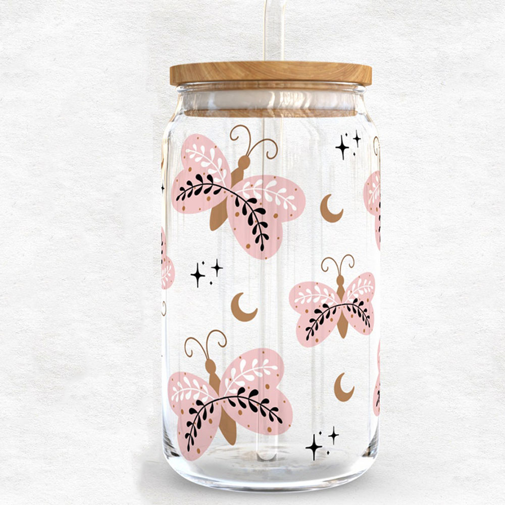 Pink Moon Butterflies – Boho Clear Glass Can ()