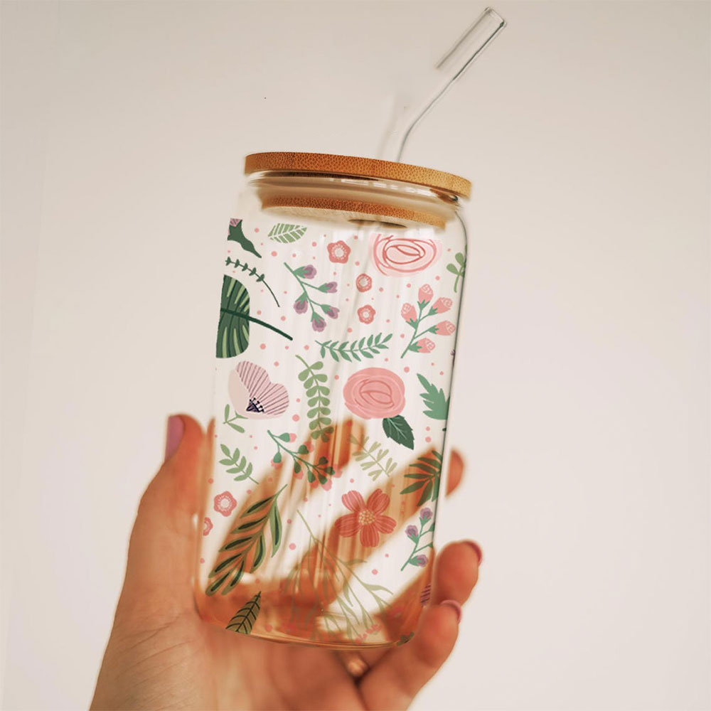 Playful Petals & Garden Bliss – Boho Clear Glass Can ()