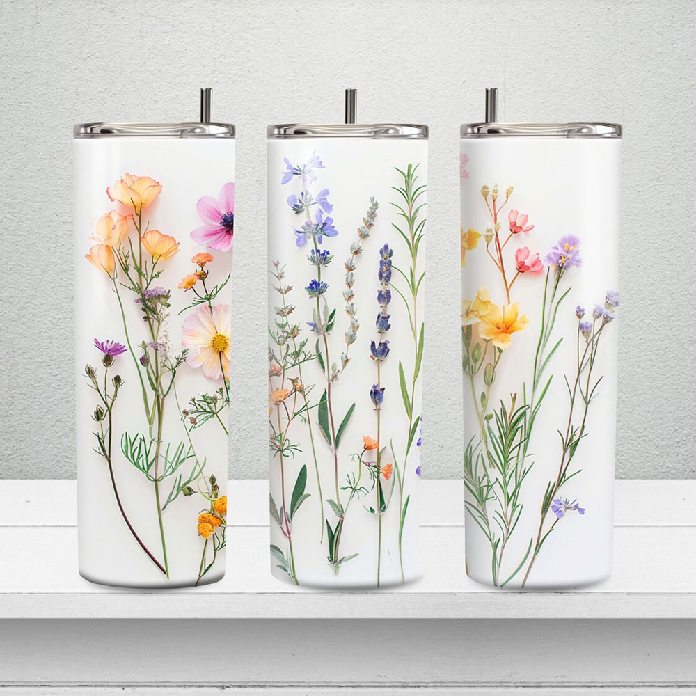 Pressed Wildflower Elegance – Boho Skinny Tumbler