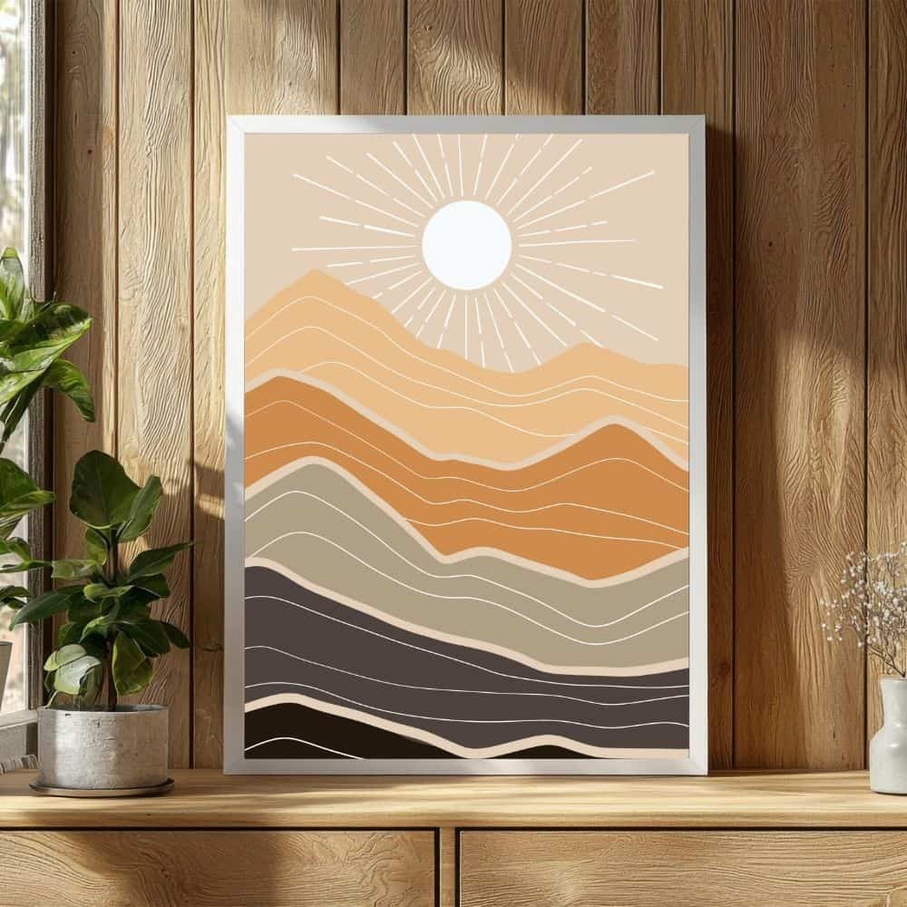 Radiant Sun Over Wavy Earth Layers – Boho Canvas Wall Art ()