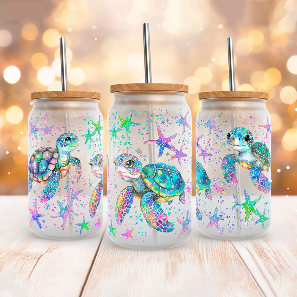 Rainbow Sea Turtles & Starfish Splash – Boho Clear Glass Can