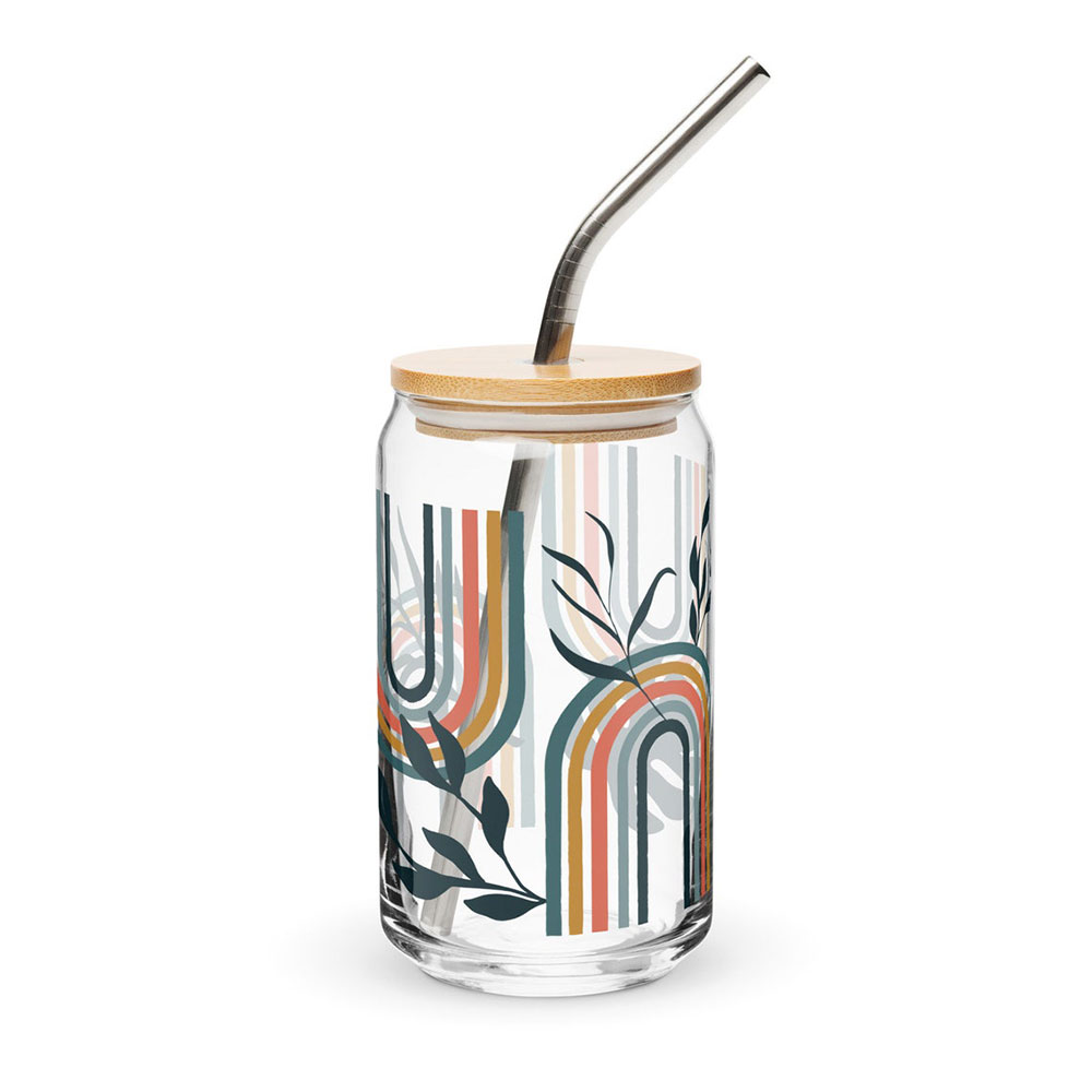 Retro Arches & Botanical Layers – Boho Clear Glass Can ()
