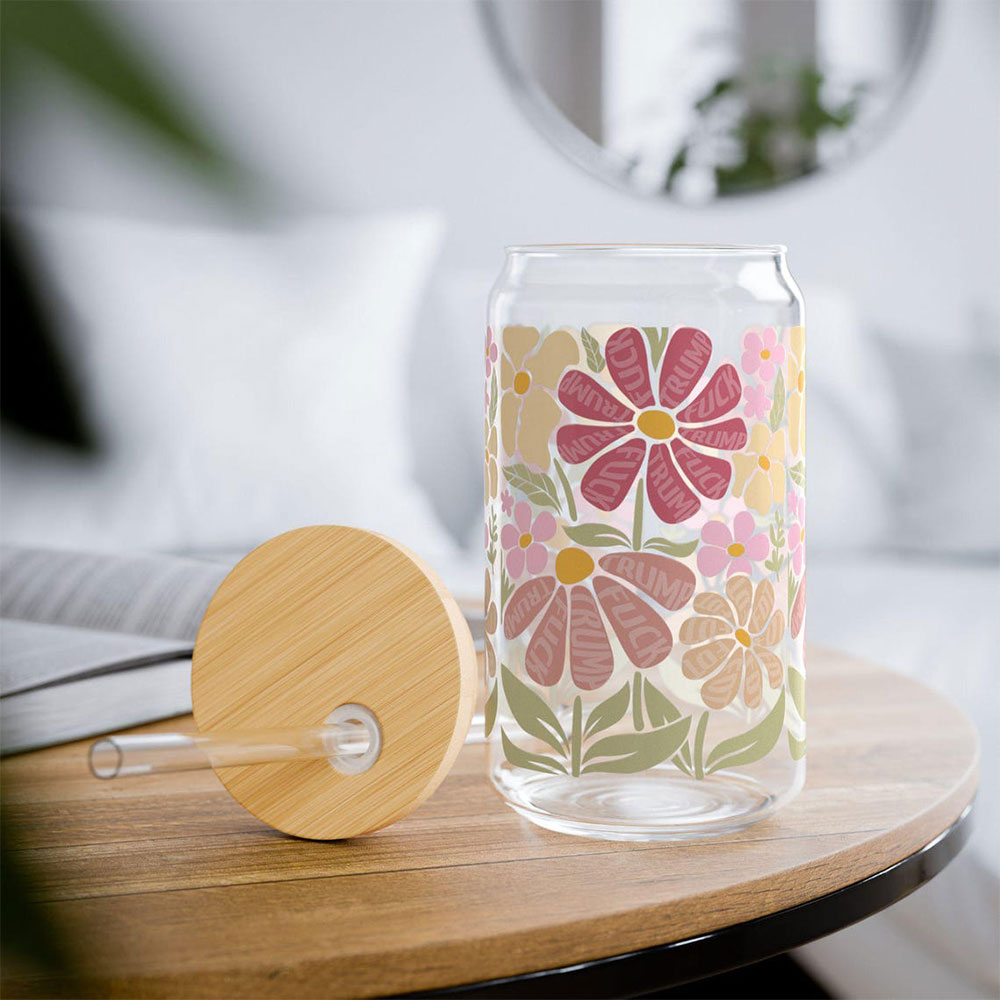 Retro Floral Bloom in Earthy Tones – Boho Clear Glass Can ()