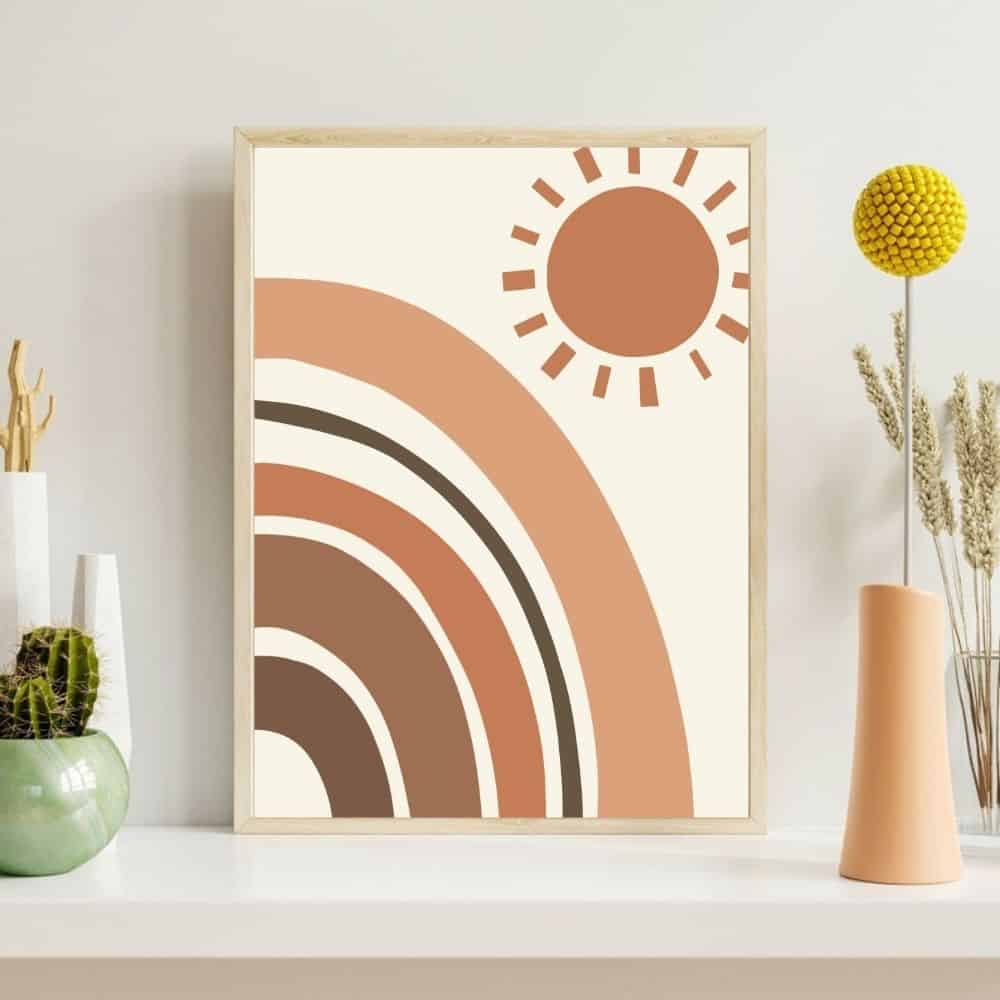 Retro Rainbow & Sunshine in Earth Tones – Boho Canvas Wall Art ()