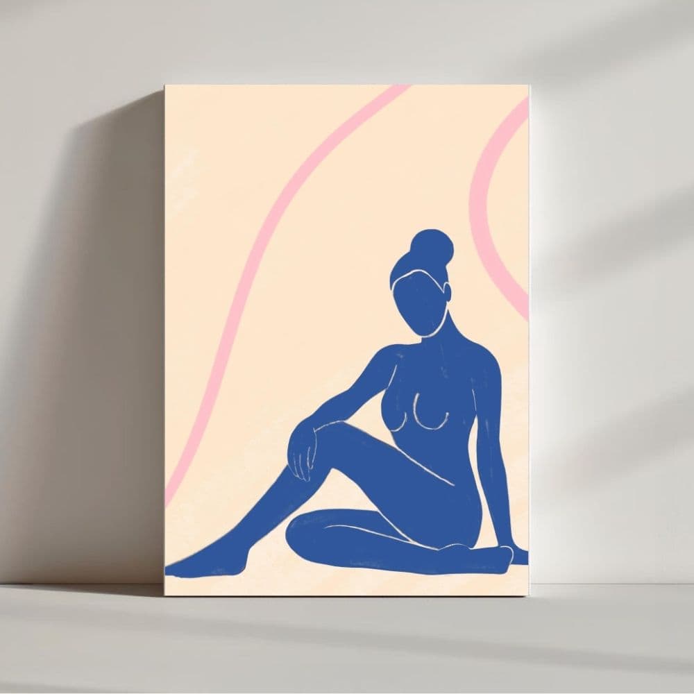 Seated Feminine Silhouette in Blue – Boho Canvas Wall Art ()