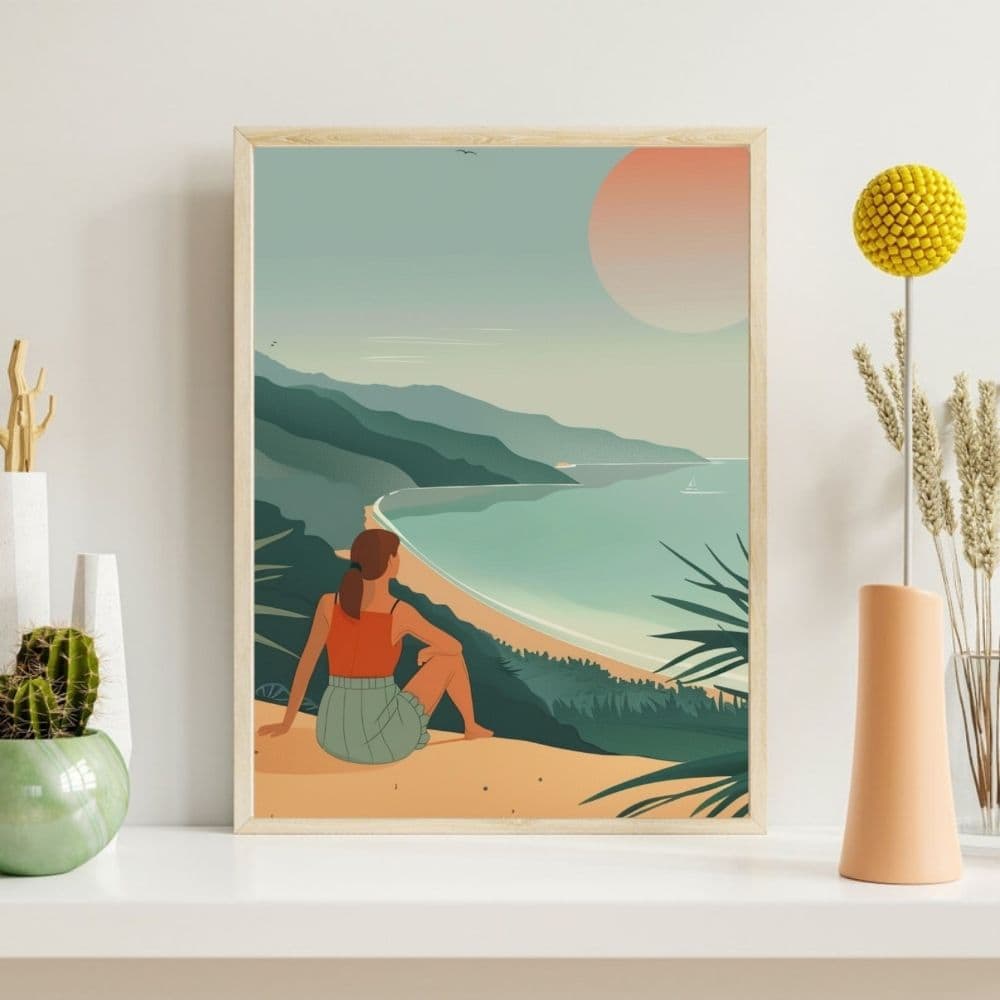 Serene Sunset Coastline View – Boho Canvas Wall Art ()