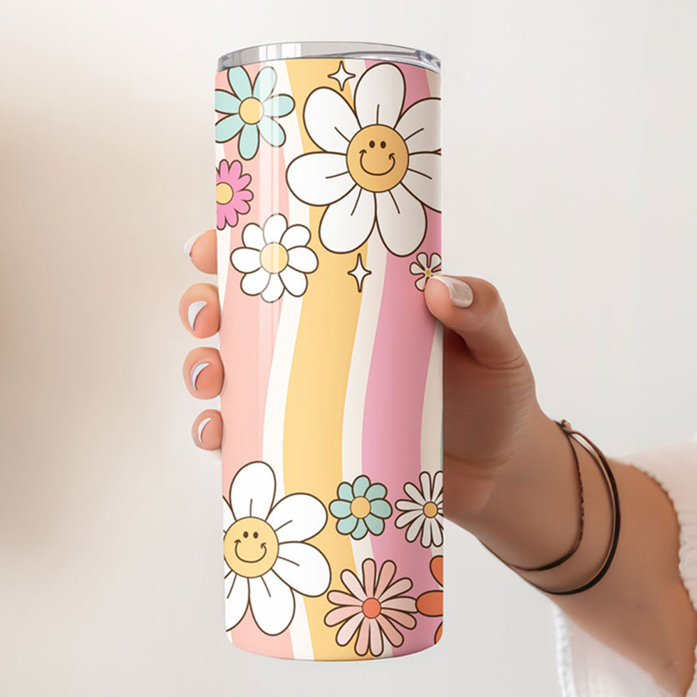 Smiley Daisies & Sunshine Waves – Boho Skinny Tumbler ()