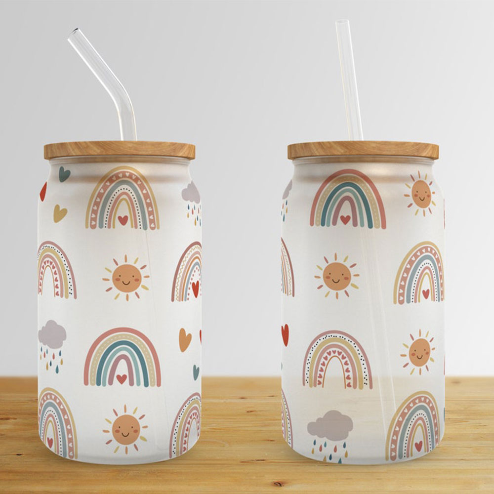 Smiling Sun & Rainbow Joy Pattern – Boho Clear Glass Can