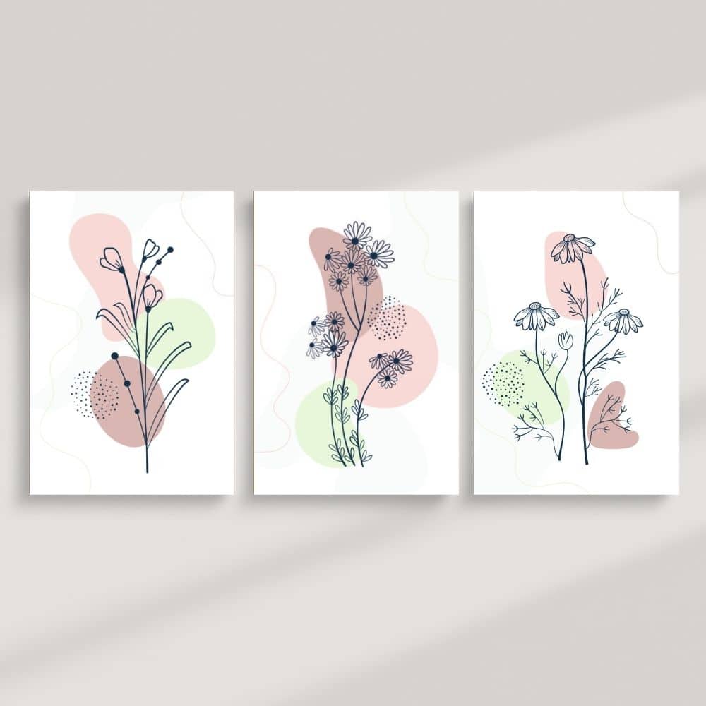 Soft Botanical Line Art with Pastel Shapes – Boho Canvas Wall Art ()