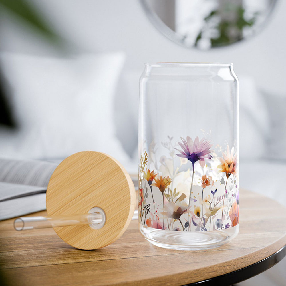 Soft Meadow Glow with Watercolor Florals – Boho Clear Glass Can ()