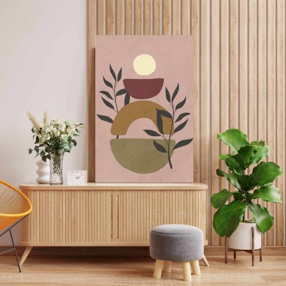 Stacked Harmony with Leaves & Sun – Boho Canvas Wall Art ()