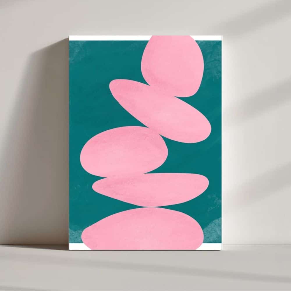 Stacked Pink Stones on Teal – Boho Canvas Wall Art ()
