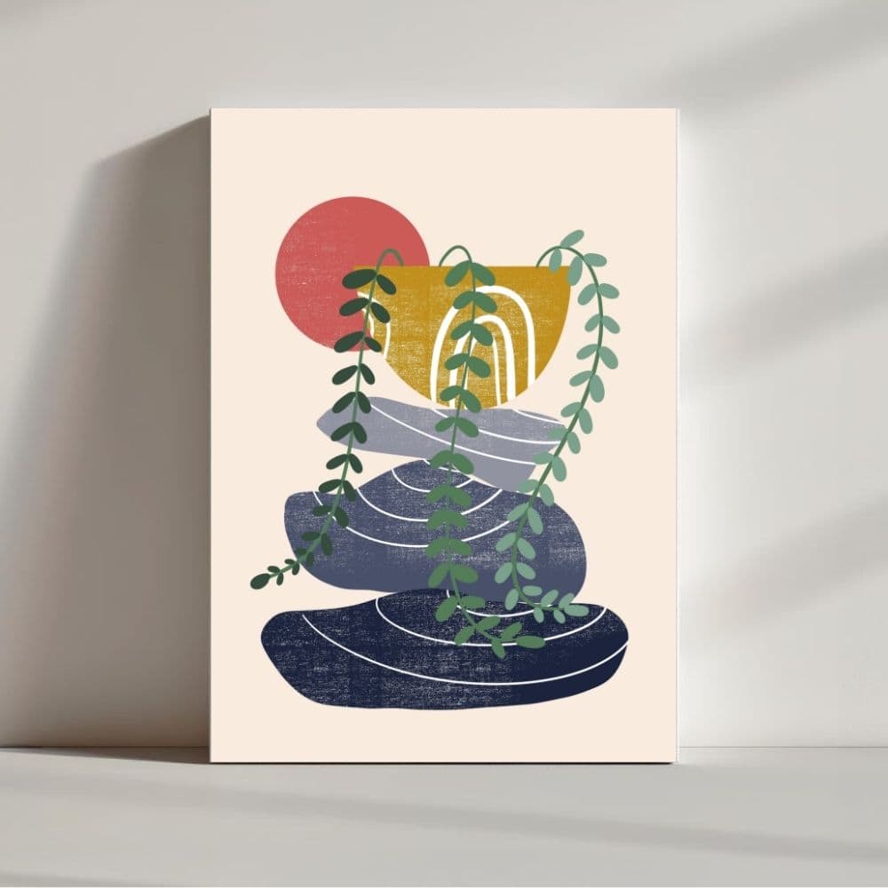 Stacked Serenity – Abstract Boho Rock & Plant Print ()