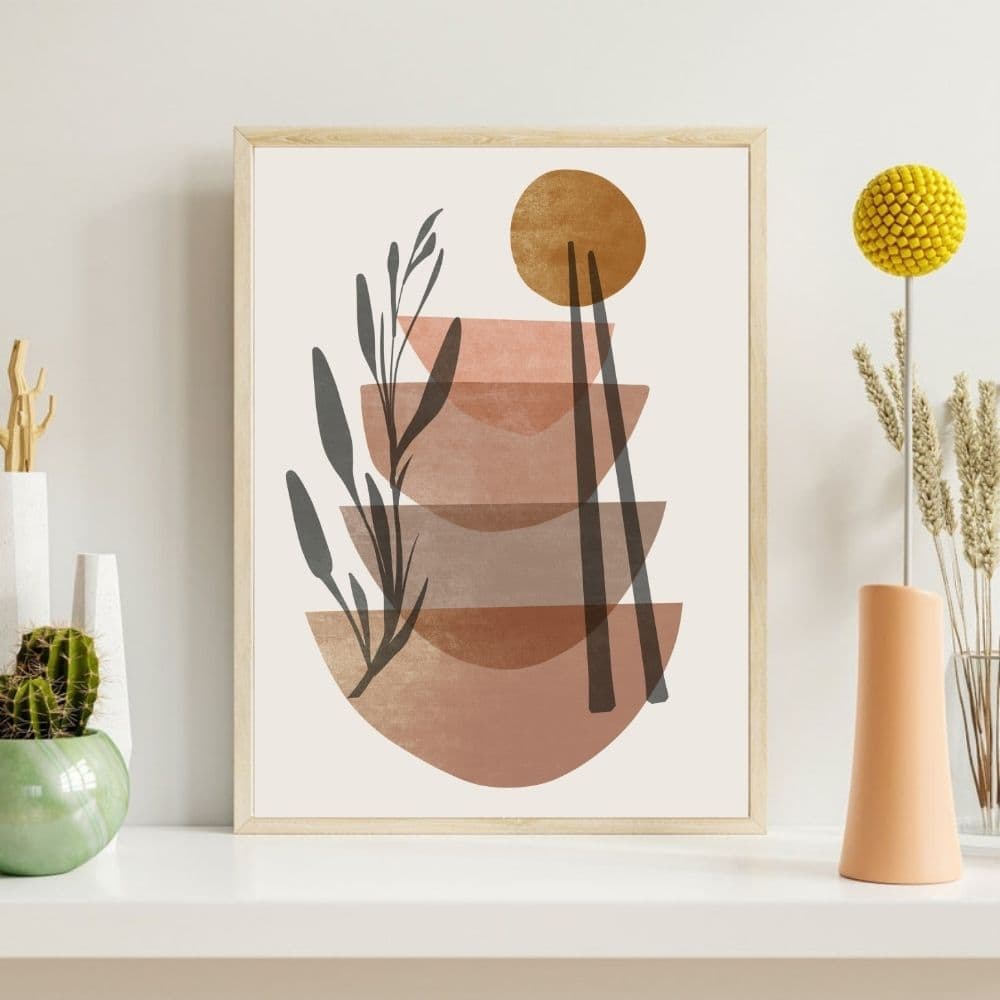 Stacked Terracotta Bowls & Sun – Boho Canvas Wall Art ()