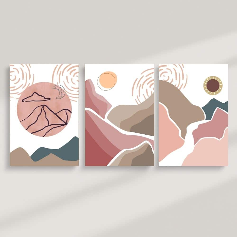 Sun & Moon Mountain Landscapes – Boho Canvas Wall Art ()