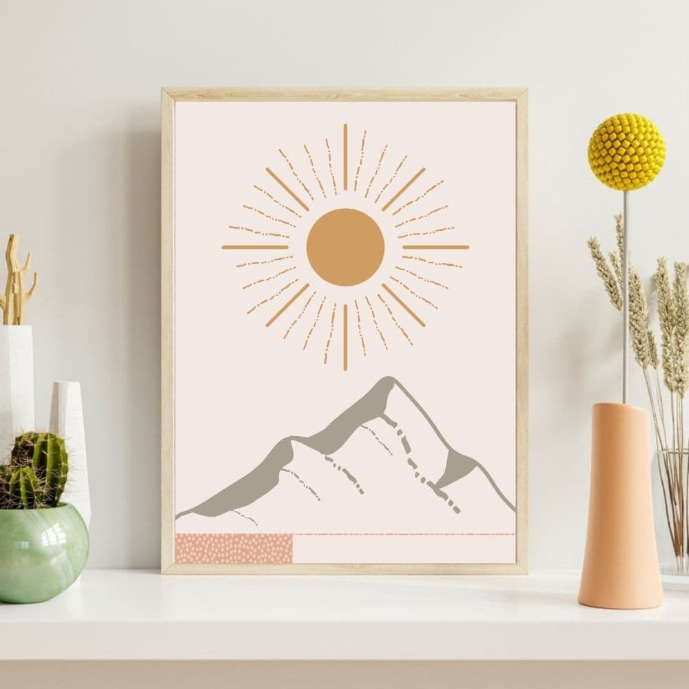 Sunburst Over Minimalist Mountain – Boho Canvas Wall Art ()