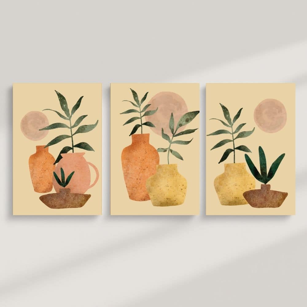 Sunlit Clay Vessels & Greenery – Boho Canvas Wall Art ()