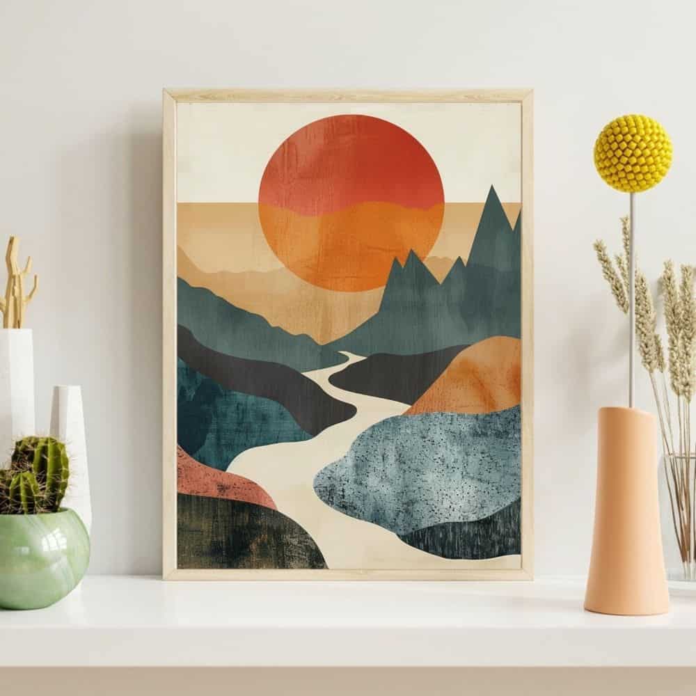 Sunset River Through the Mountains – Boho Canvas Wall Art ()