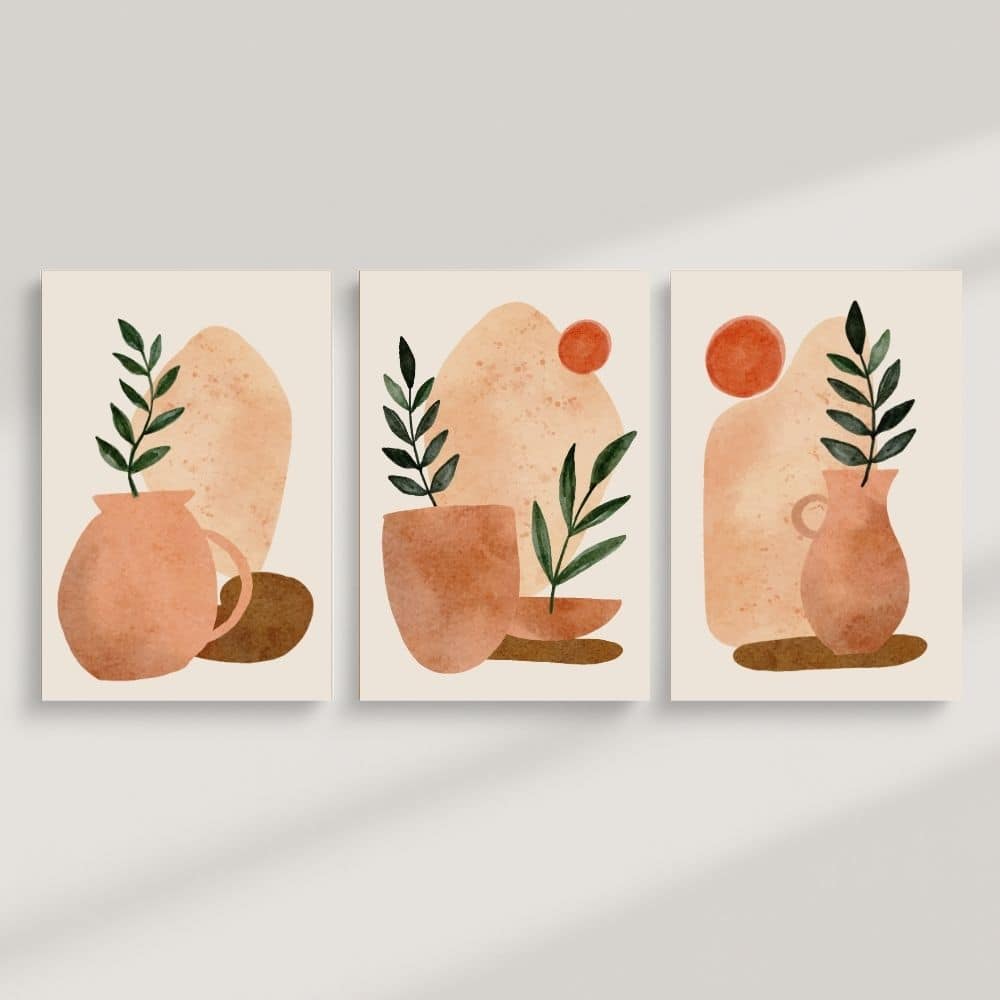 Terracotta Still Life with Olive Leaves – Boho Canvas Wall Art ()
