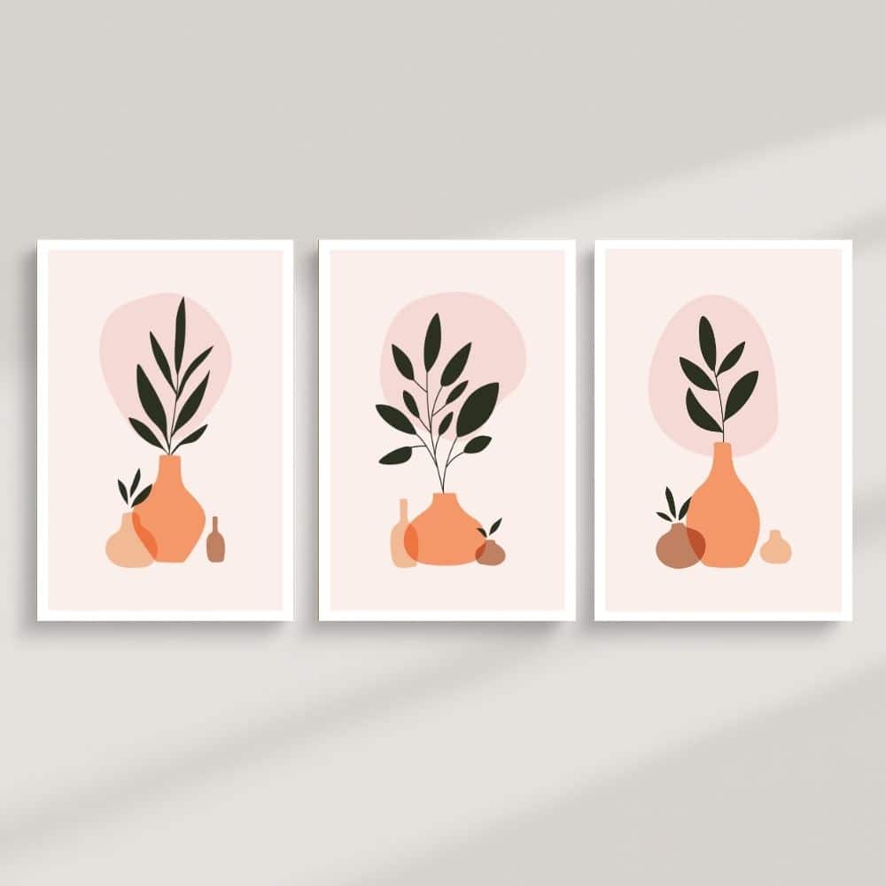 Terracotta Vases & Leafy Still Life – Boho Canvas Wall Art ()