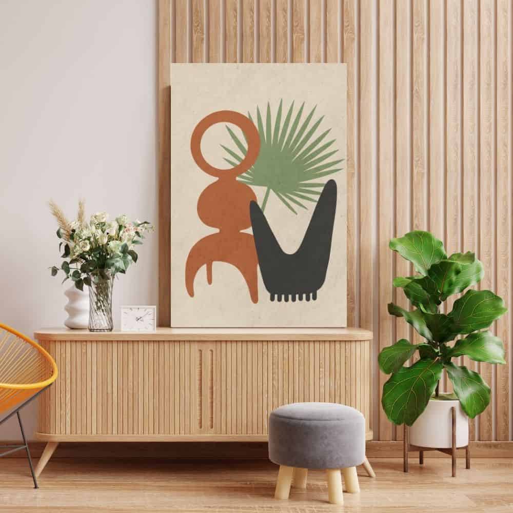 Tropical Abstract Shapes & Palm Silhouette – Boho Canvas Wall Art ()