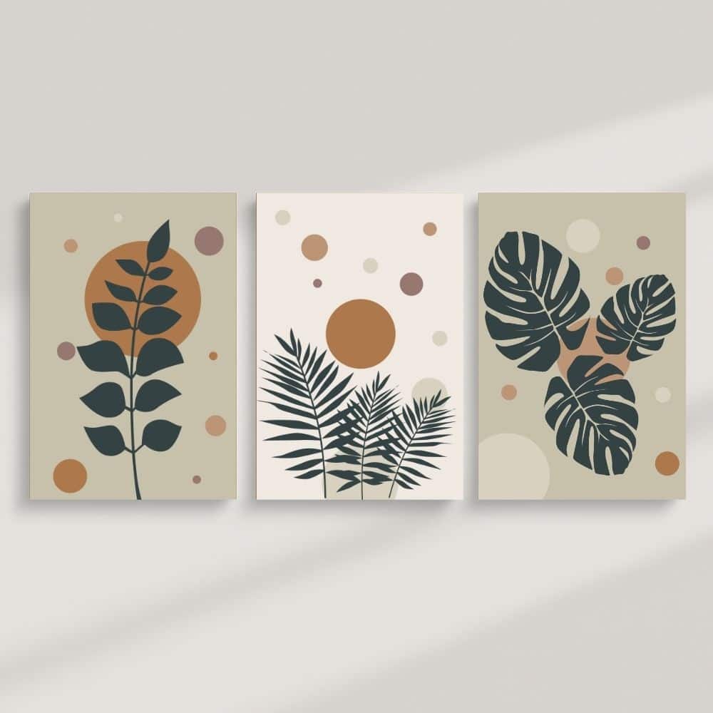 Tropical Leaf Silhouettes with Retro Circles – Boho Canvas Wall Art ()