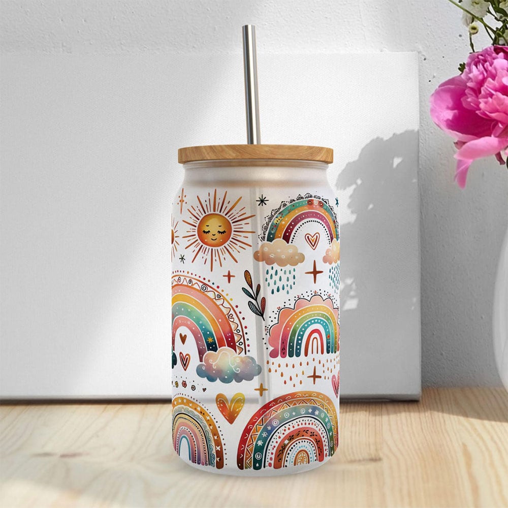 Whimsical Rainbows & Sunshine Vibes – Boho Clear Glass Can ()