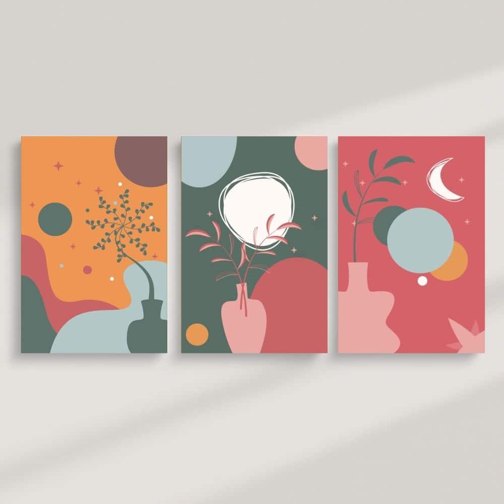 Whimsical Vases & Celestial Shapes – Boho Canvas Wall Art ()