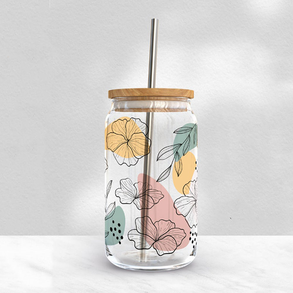 Whimsical Wildflowers with Pastel Shapes – Boho Clear Glass Can