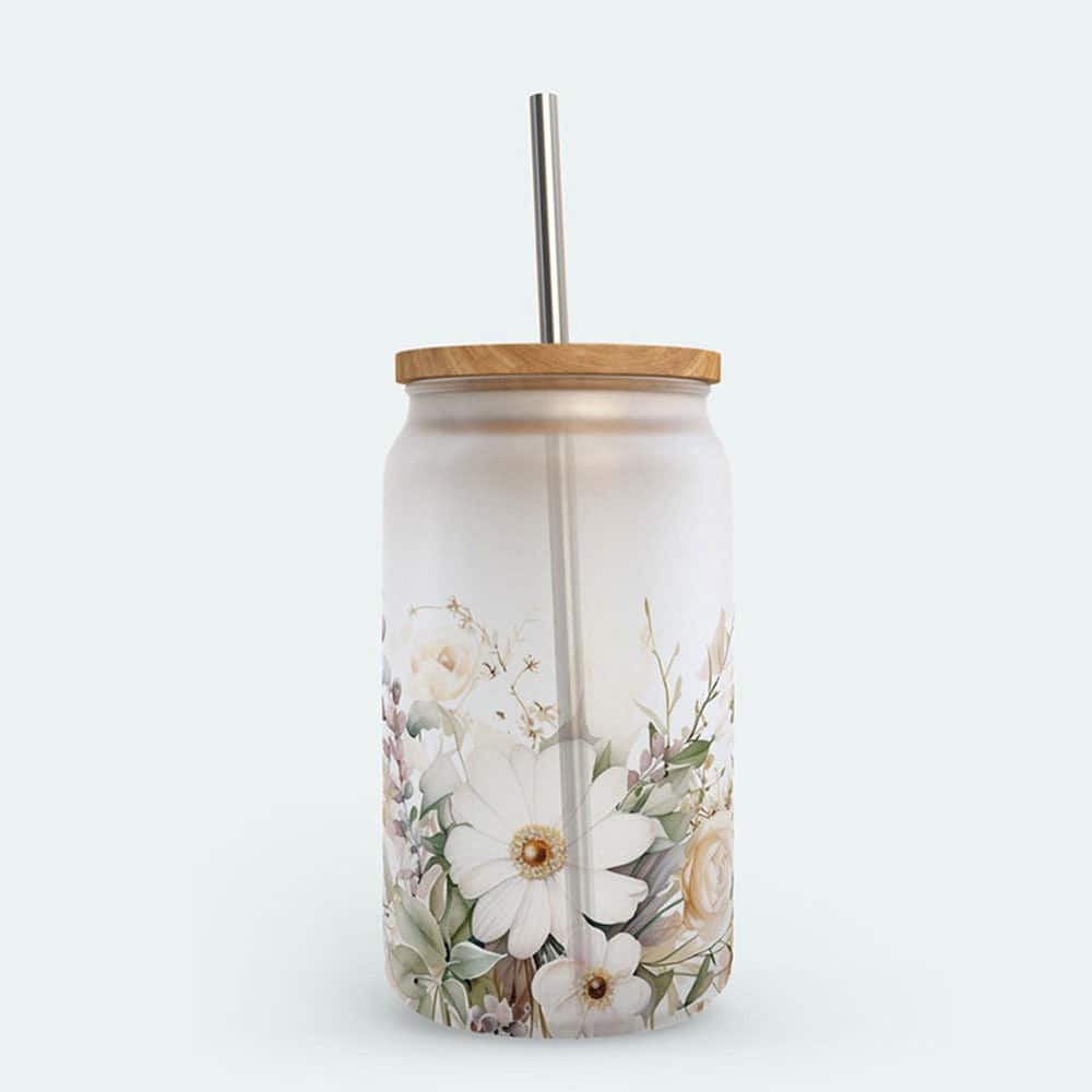 White Daisy Bloom Elegance – Boho Clear Glass Can ()