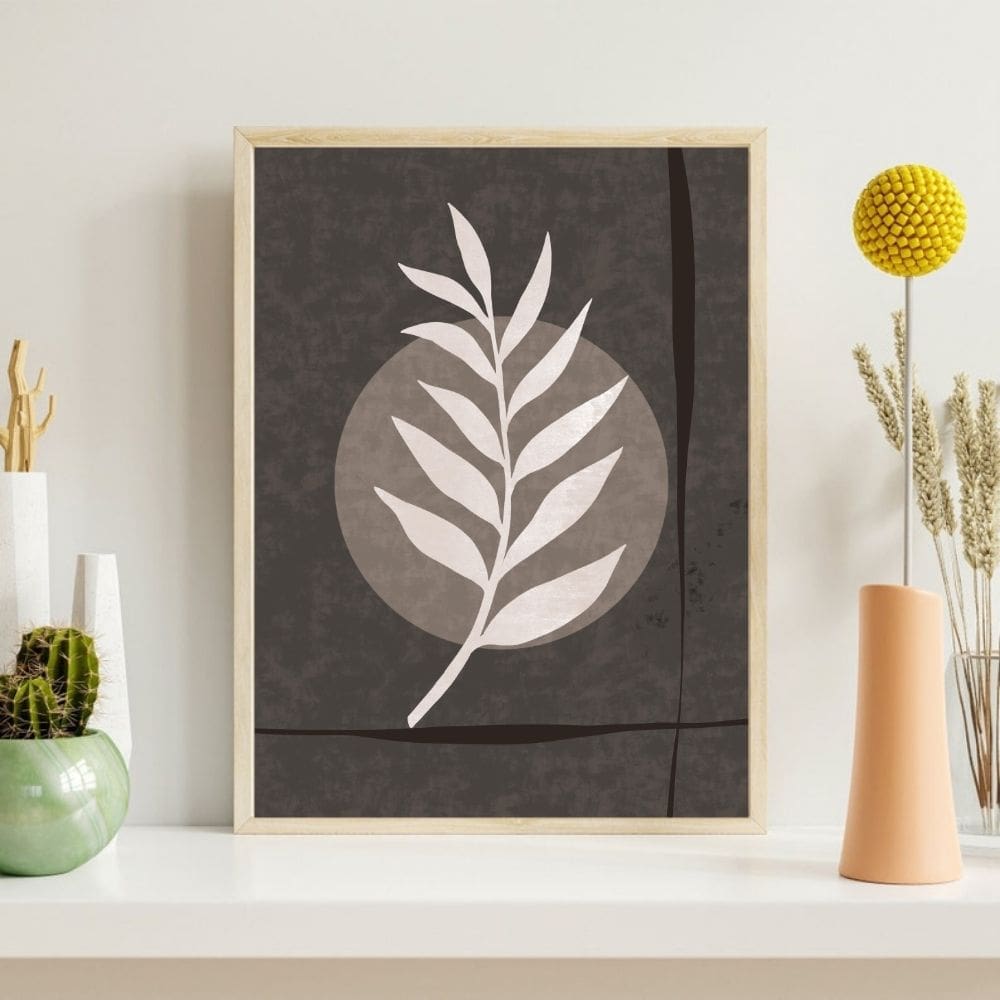 White Leaf on Textured Charcoal Circle – Boho Canvas Wall Art ()
