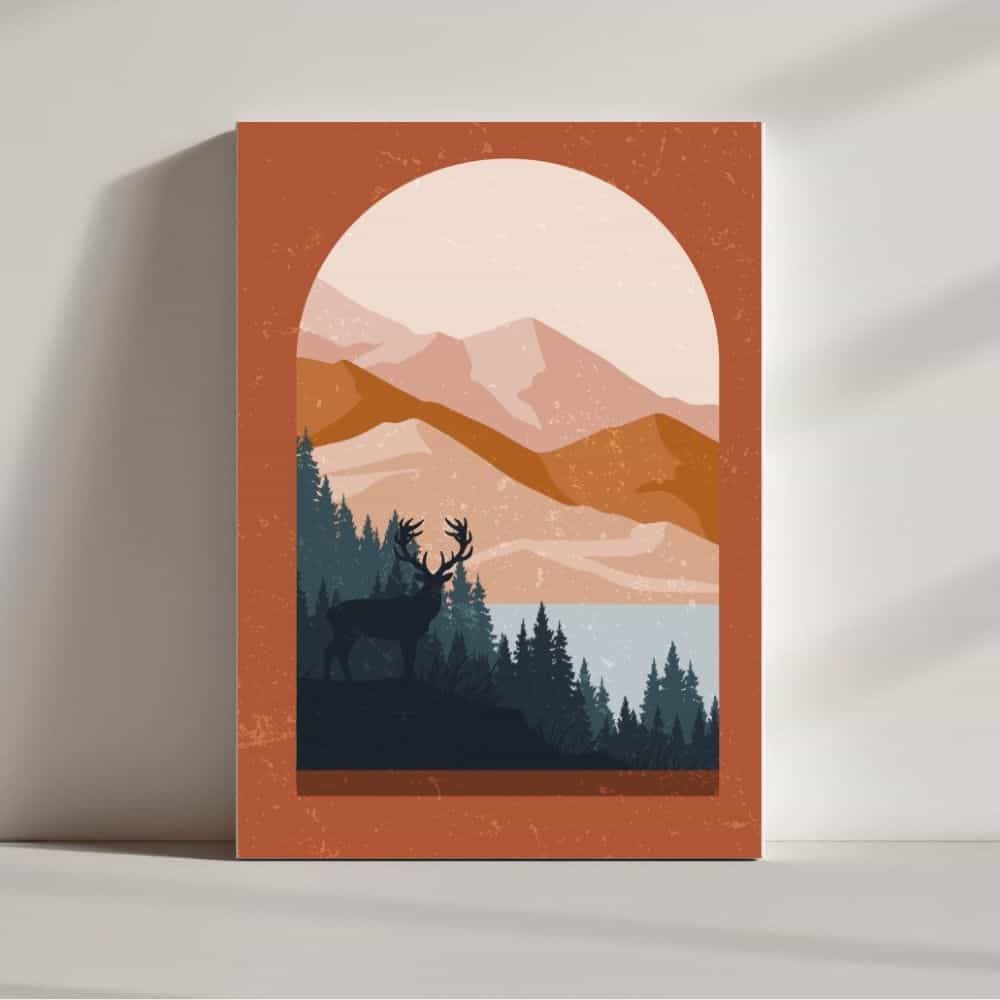 Wild Stag in Mountain View – Boho Canvas Wall Art ()