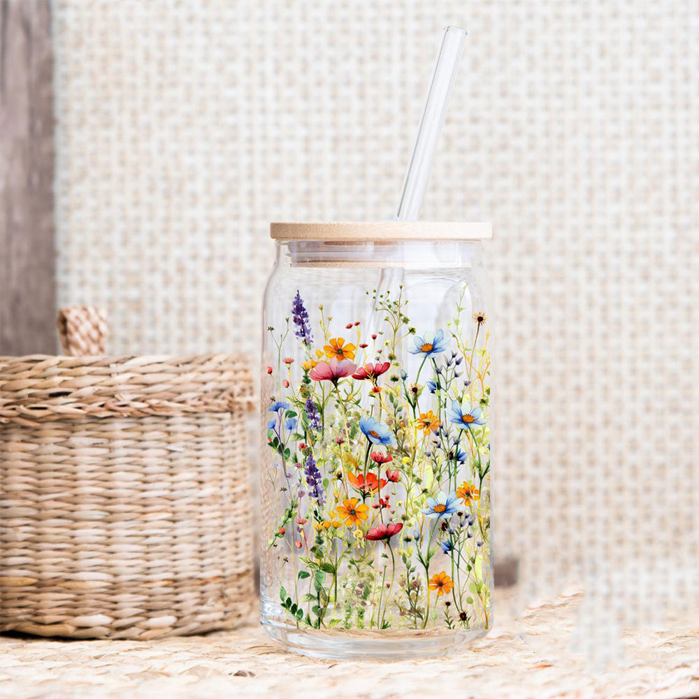 Wildflower Meadow in Bloom – Boho Clear Glass Can ()